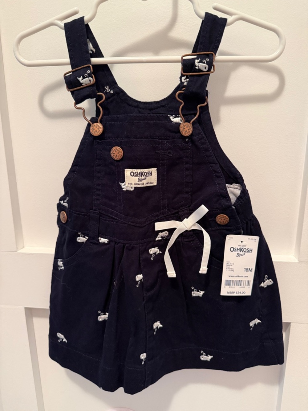 NWT GIRLS OshKosh B'gosh Navy Overall Dress with White Accent 18 Months
